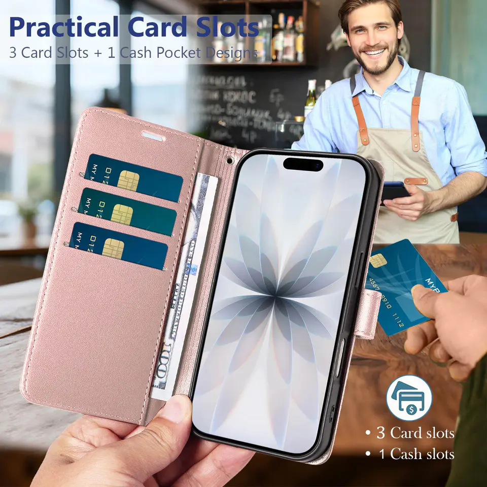 JHWVVTF Wallet Case for iPhone 17, RFID-Blocking, 3 Card Slots (Rose Gold), view 3