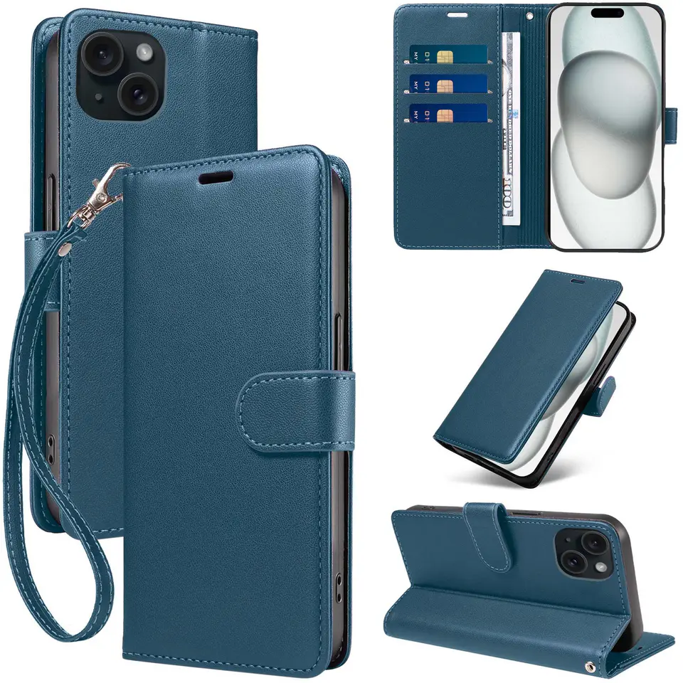 JHWVVTF Wallet Flip Case for iPhone 15 Plus, RFID-Blocking (Navy Blue), view 1