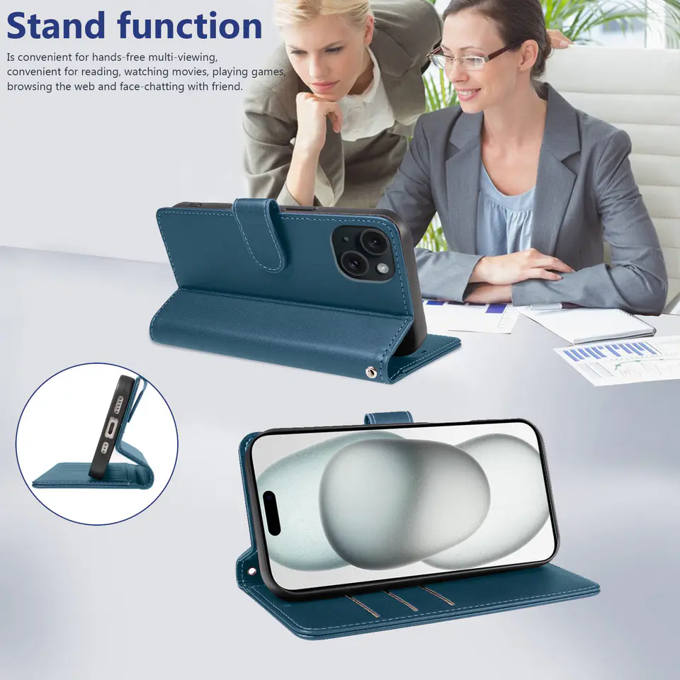 JHWVVTF Wallet Flip Case for iPhone 15 Plus, RFID-Blocking (Navy Blue), view 5