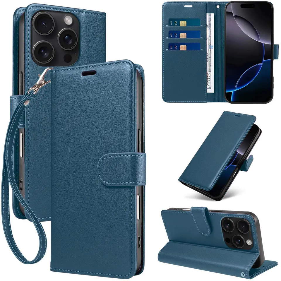 JHWVVTF Wallet Flip Case for iPhone 16 Pro Max, RFID-Blocking (Navy Blue), view 1