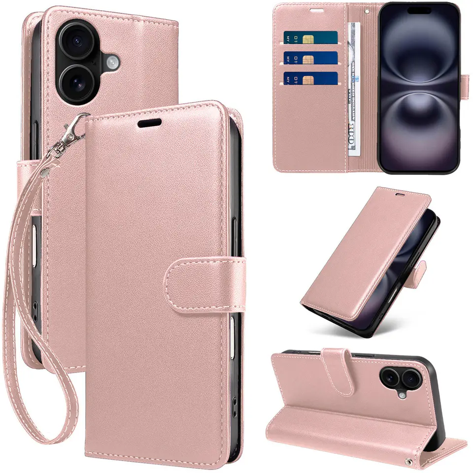 JHWVVTF Wallet Flip Case for iPhone 16 Plus, RFID-Blocking (Rose Gold), view 1