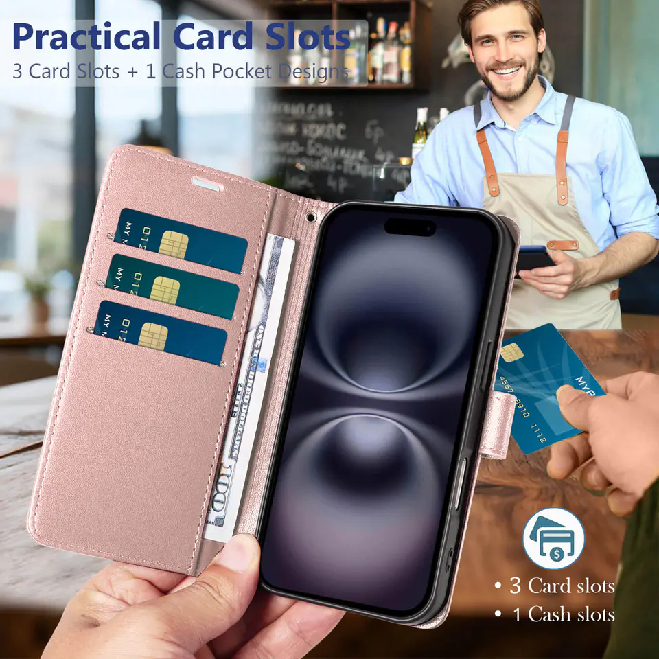 JHWVVTF Wallet Flip Case for iPhone 16 Plus, RFID-Blocking (Rose Gold), view 3
