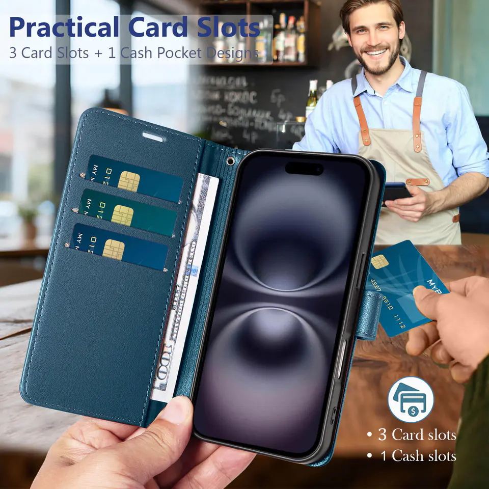JHWVVTF Wallet Flip Case for iPhone 16 Plus, RFID-Blocking (Navy Blue), view 3
