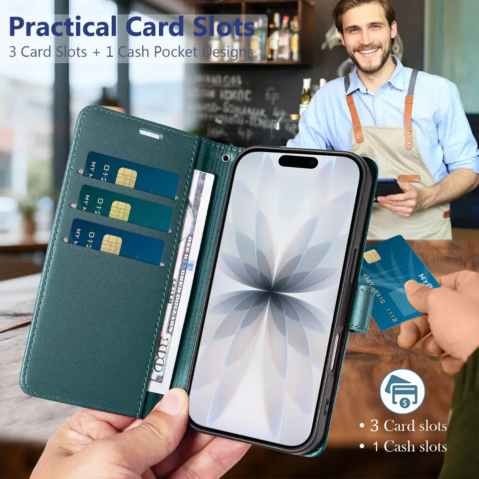 JHWVVTF Wallet Case for iPhone 17, RFID-Blocking, 3 Card Slots (Teal Green), view 3