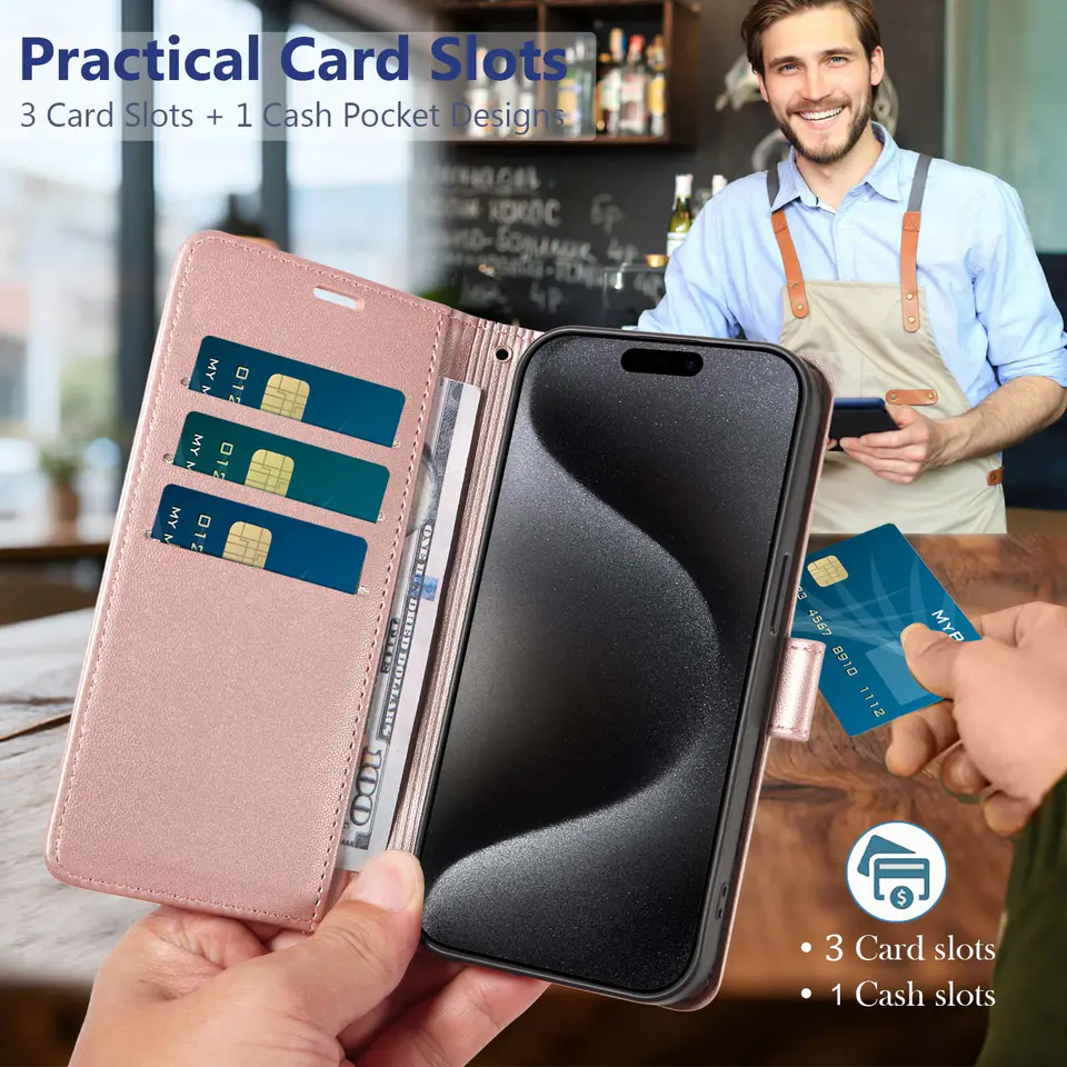 JHWVVTF Wallet Flip Case for iPhone 15 Pro Max, RFID-Blocking (Rose Gold), view 3
