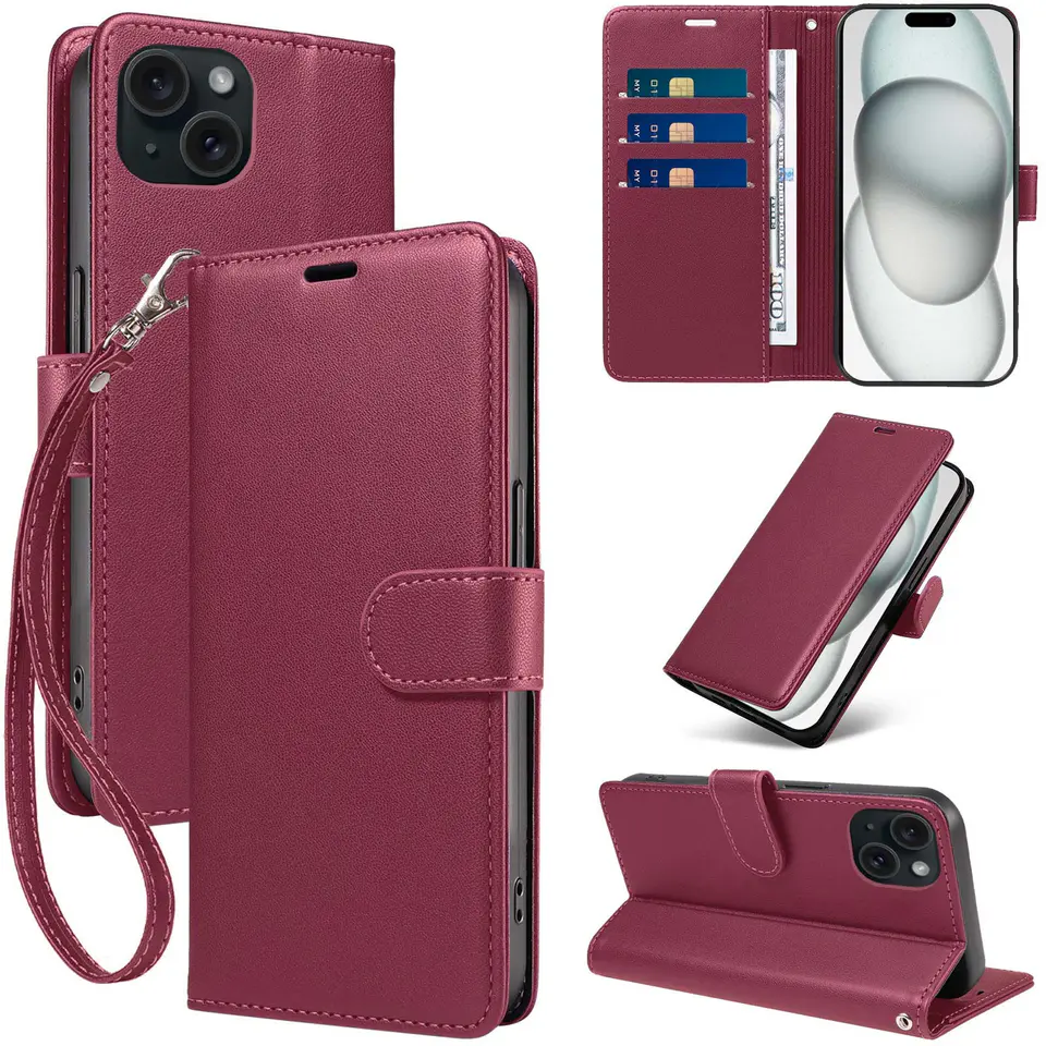 JHWVVTF Wallet Flip Case for iPhone 15 Plus, RFID-Blocking (Wine Red), view 1