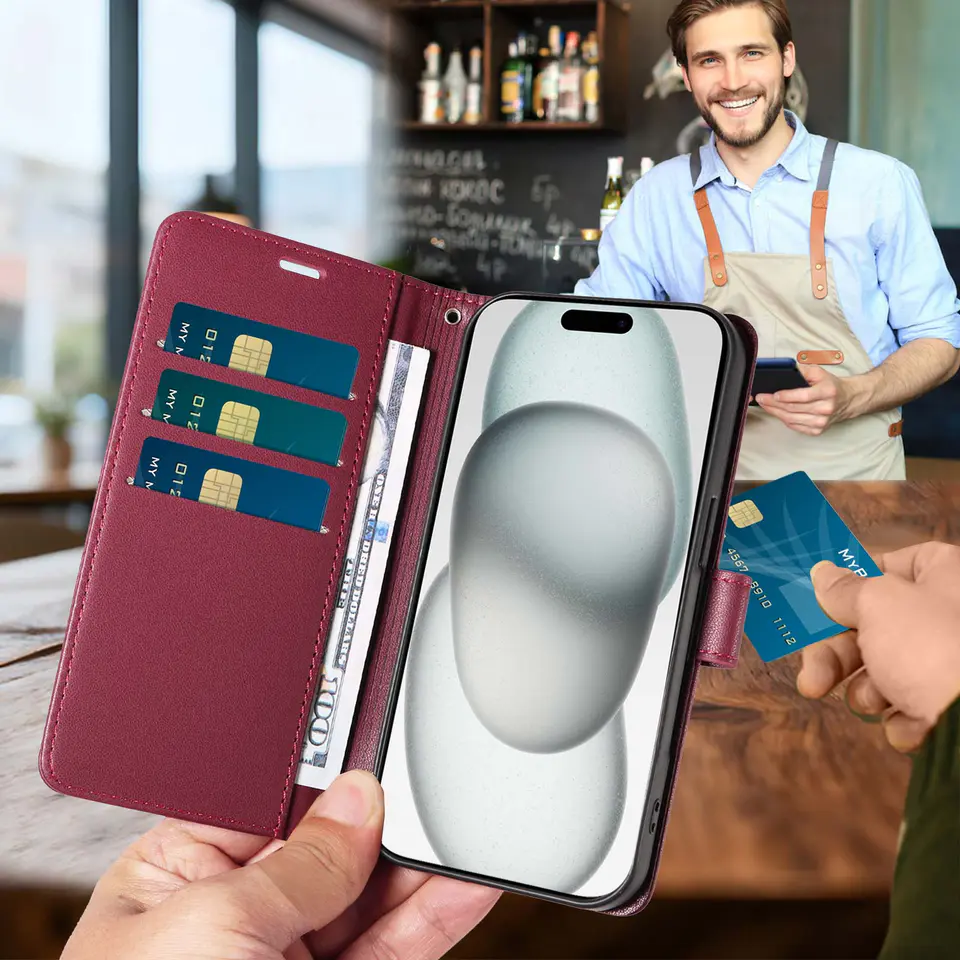 JHWVVTF Wallet Flip Case for iPhone 15 Plus, RFID-Blocking (Wine Red), view 3
