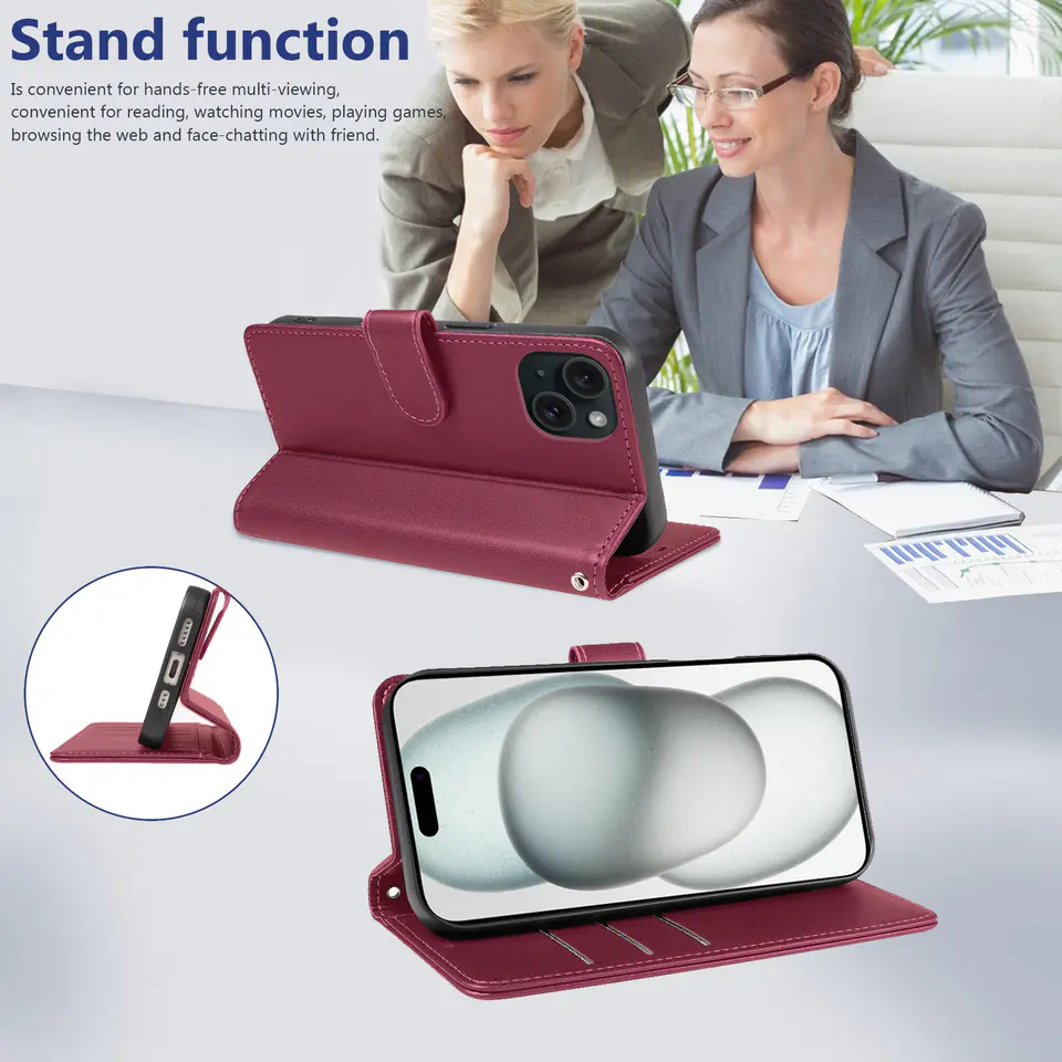 JHWVVTF Wallet Flip Case for iPhone 15 Plus, RFID-Blocking (Wine Red), view 5