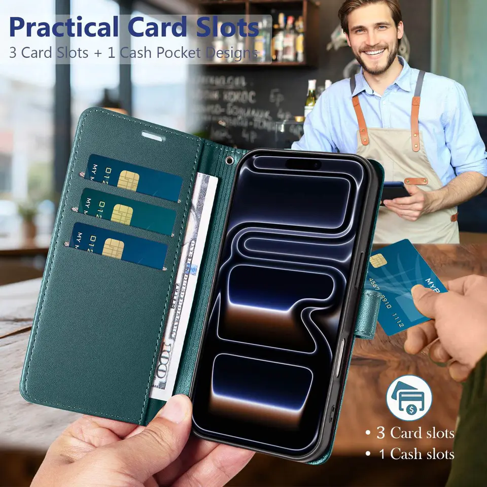 JHWVVTF Wallet Flip Case for iPhone 17 Pro Max, RFID-Blocking (Teal Green), view 3