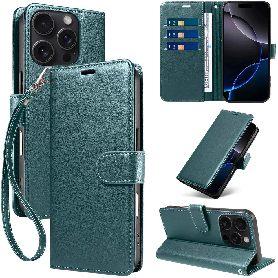 JHWVVTF Wallet Flip Case for iPhone 16 Pro, RFID-Blocking (Teal Green), view 1