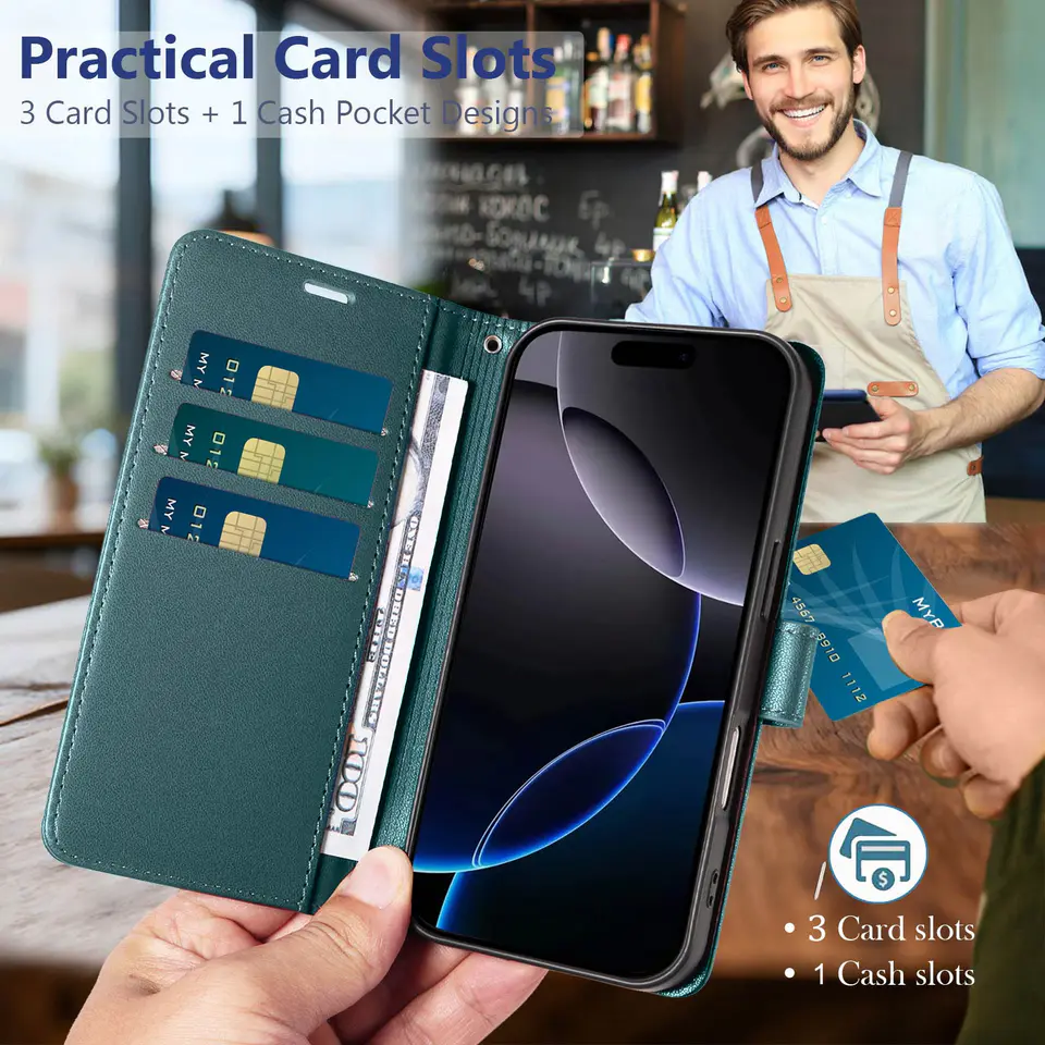 JHWVVTF Wallet Flip Case for iPhone 16 Pro, RFID-Blocking (Teal Green), view 3