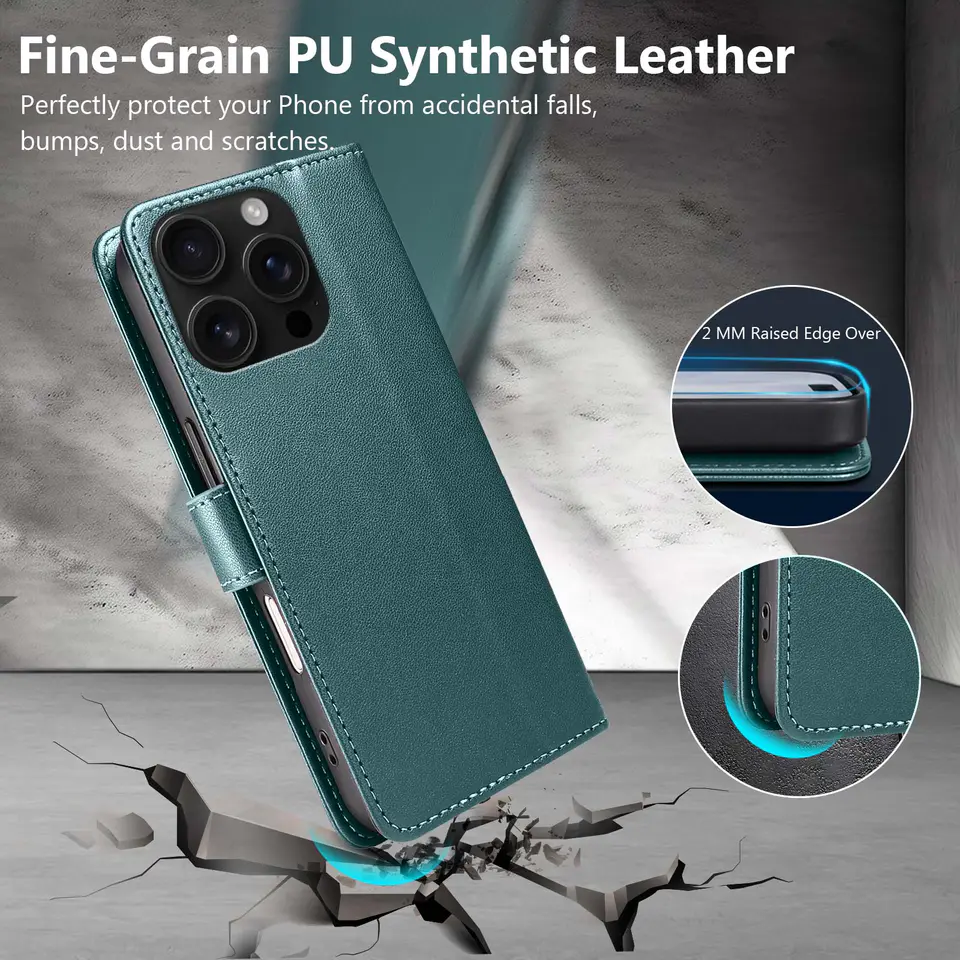 JHWVVTF Wallet Flip Case for iPhone 16 Pro, RFID-Blocking (Teal Green), view 6