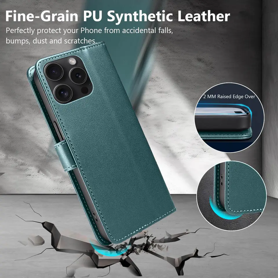 JHWVVTF Wallet Flip Case for iPhone 15 Pro, RFID-Blocking (Teal Green), view 6