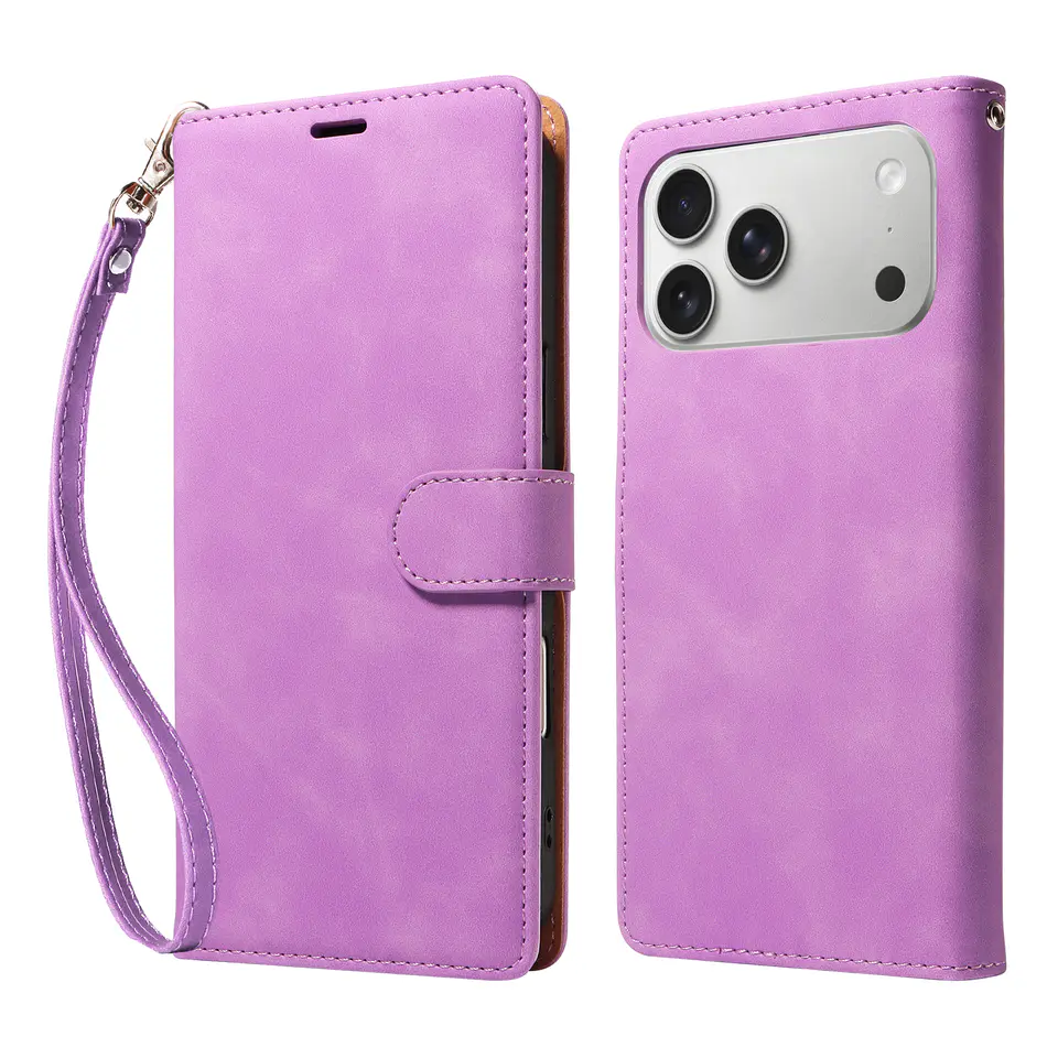 Purple wallet stand case shown from the front and back