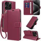 JHWVVTF Wallet Flip Case for iPhone 15 Pro Max, RFID-Blocking (Wine Red), view 1