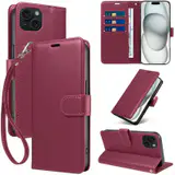 JHWVVTF Wallet Flip Case for iPhone 15 Plus, RFID-Blocking (Wine Red), view 1