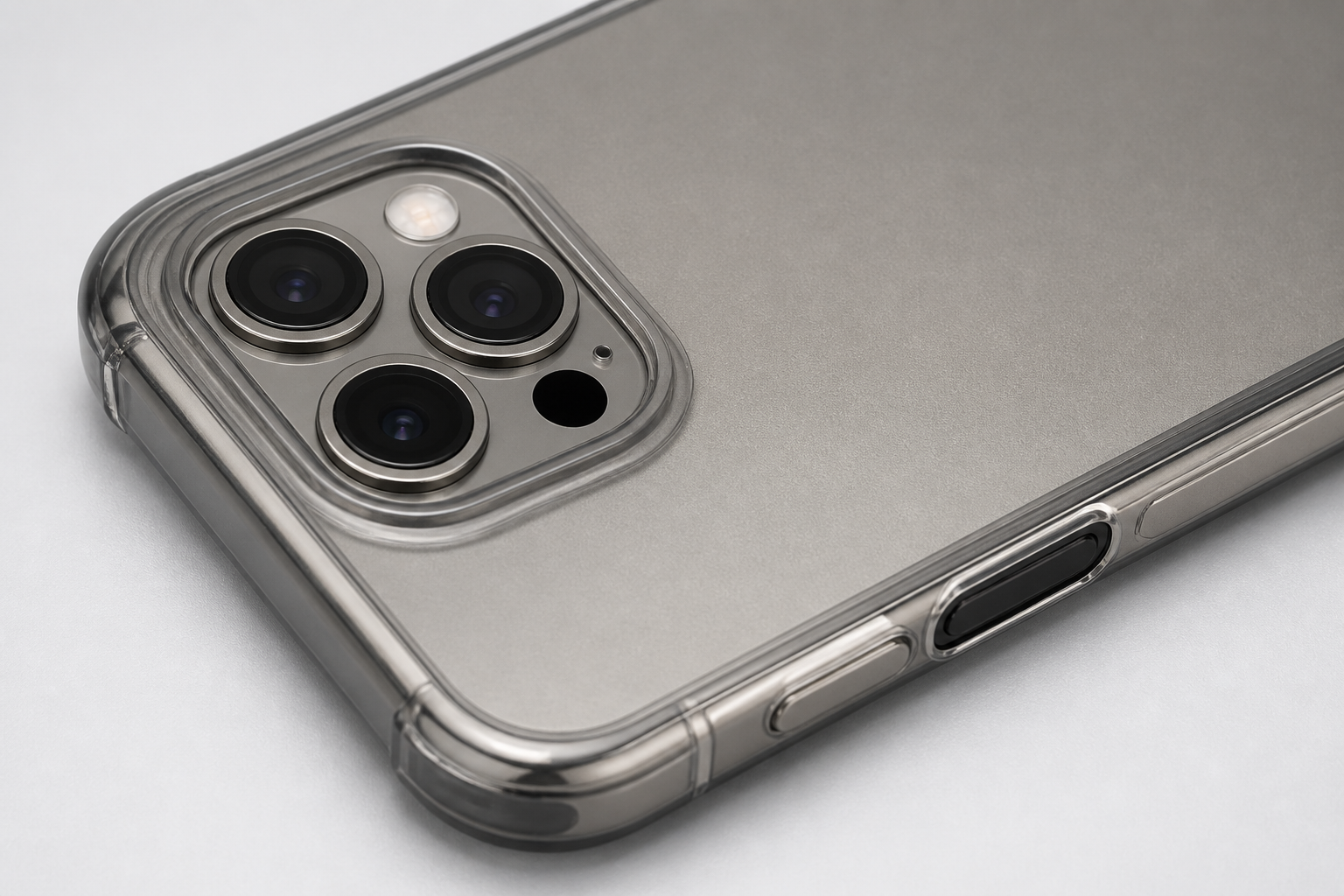 Close-up of the iPhone 16 Pro Max square camera island and smoke-clear case edge