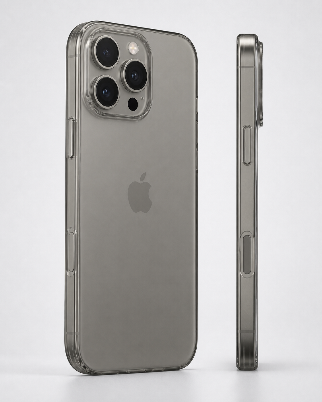 Smoke-clear case fitted to a natural titanium iPhone 16 Pro Max form with a square camera island