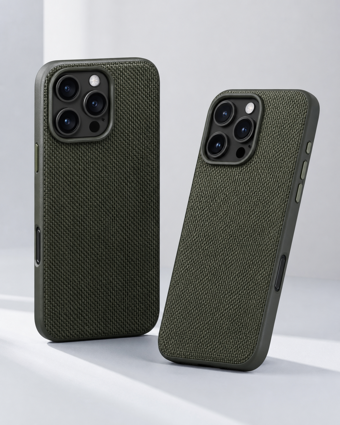 Deep-olive woven case fitted to an iPhone 16 Pro Max form with a square camera island