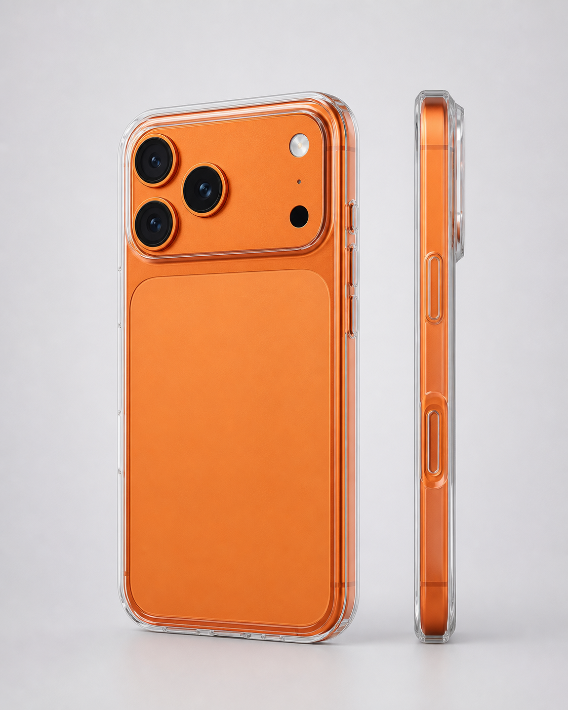 Crystal-clear case fitted around an orange iPhone 17 Pro Max form with a full-width camera plateau