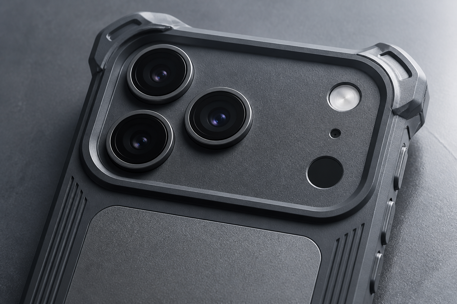 Close-up of the Ridge Guard lens rings, camera plateau and reinforced corner