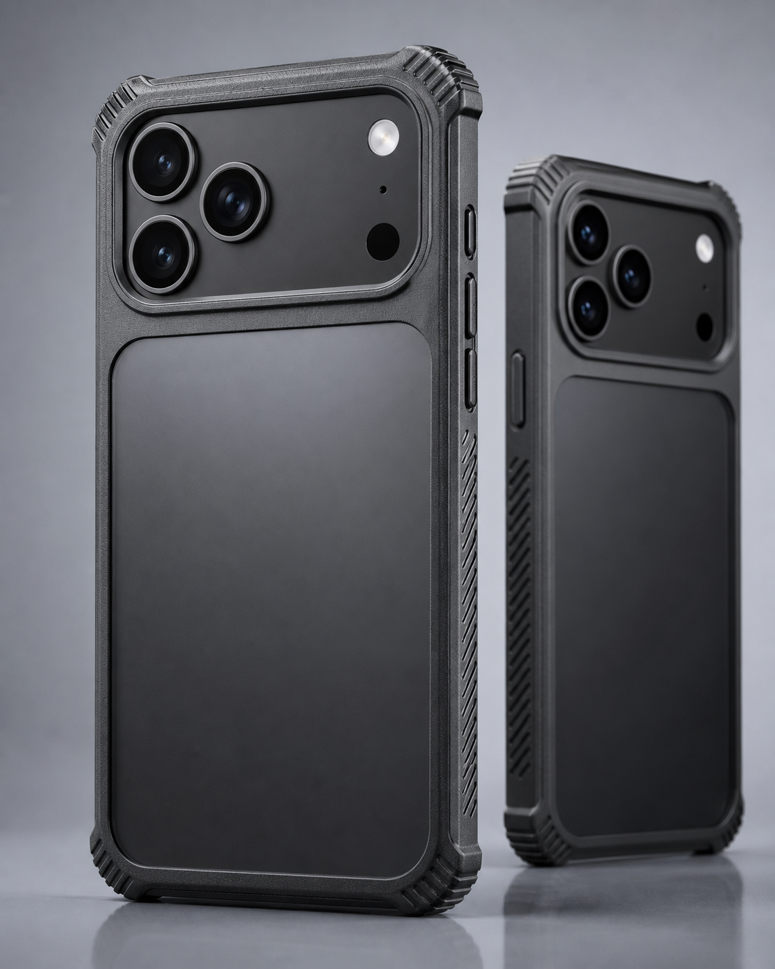 Graphite reinforced case fitted to an iPhone 17 Pro Max form with a full-width camera plateau