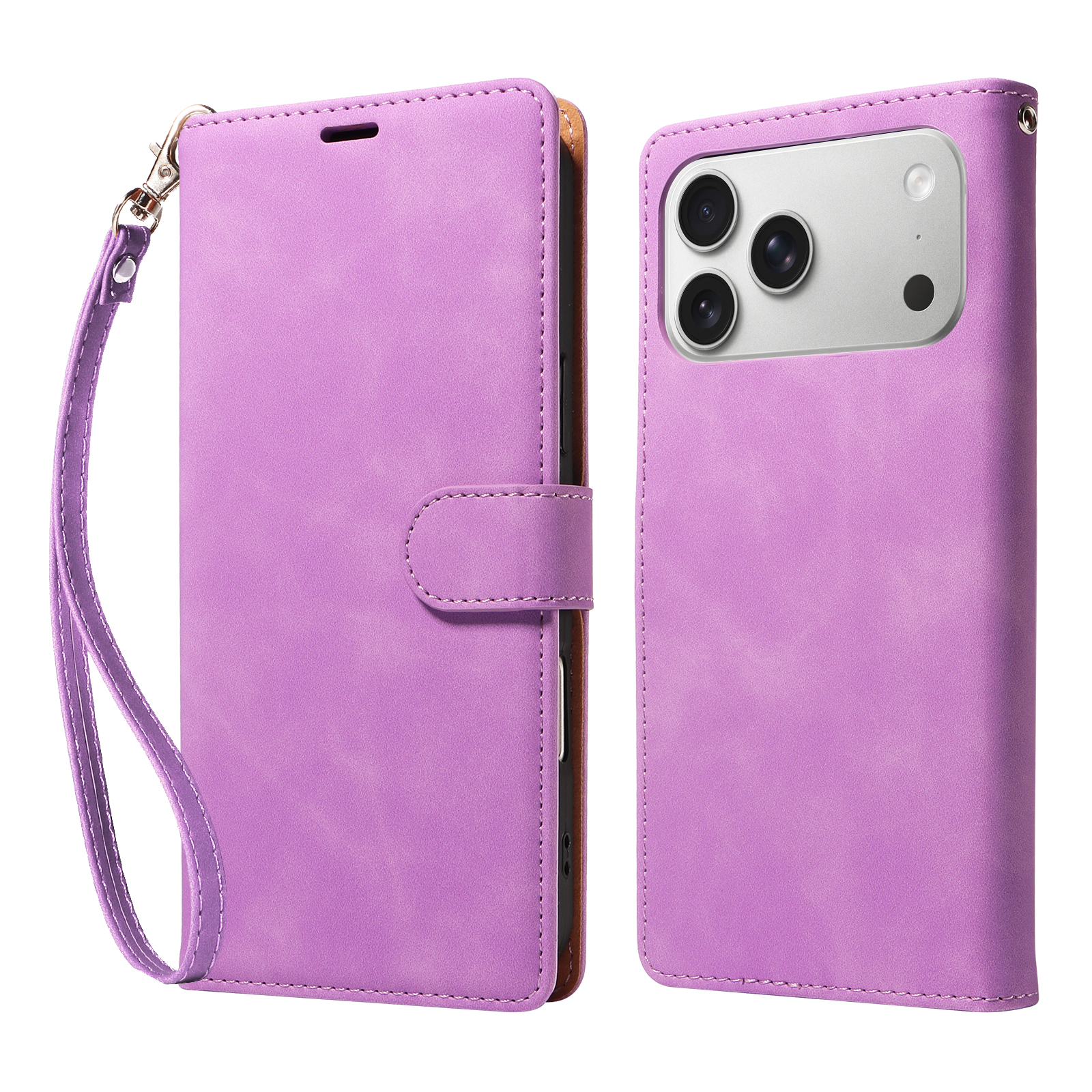 Purple wallet stand case shown from the front and back
