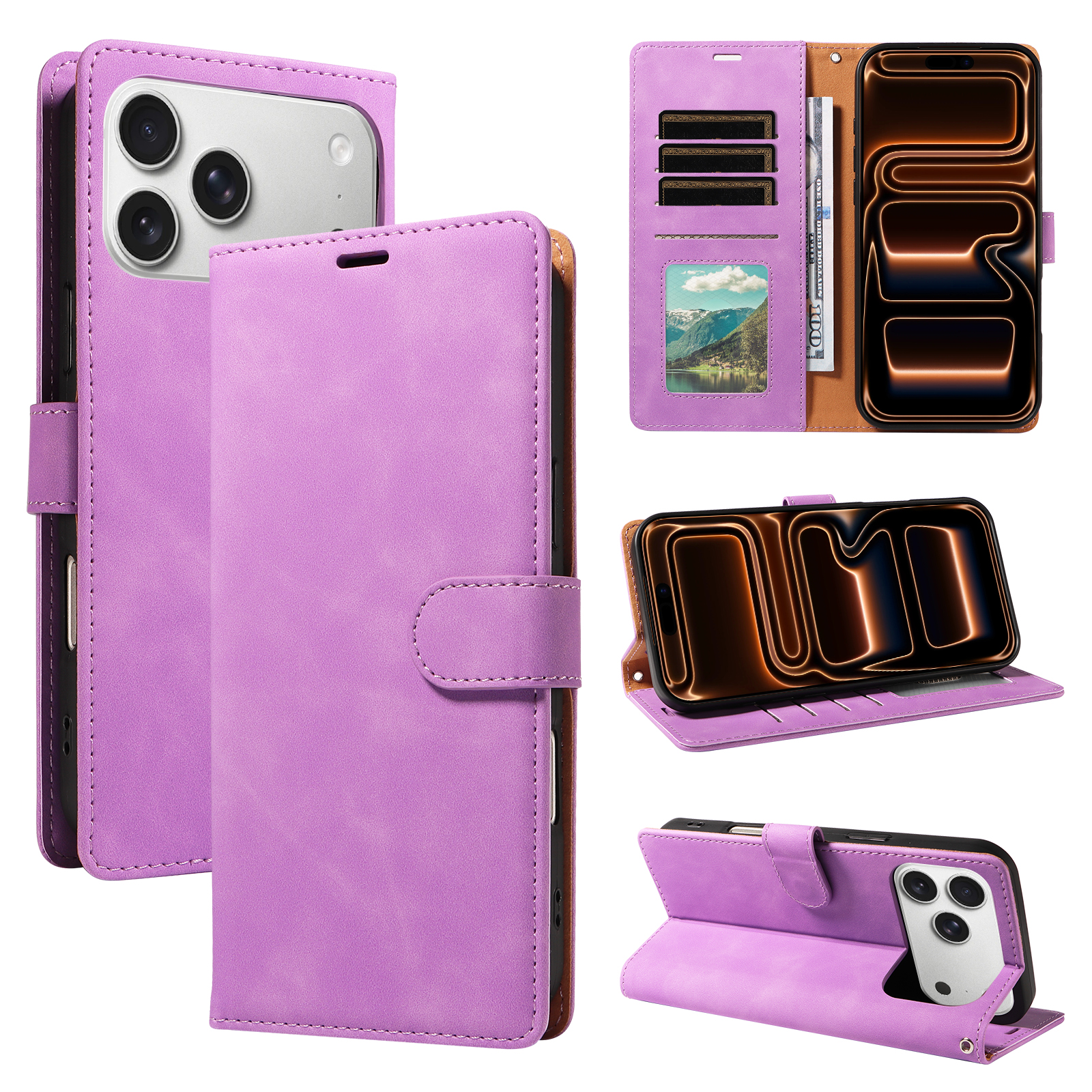 Purple wallet case shown closed, open and folded into a viewing stand