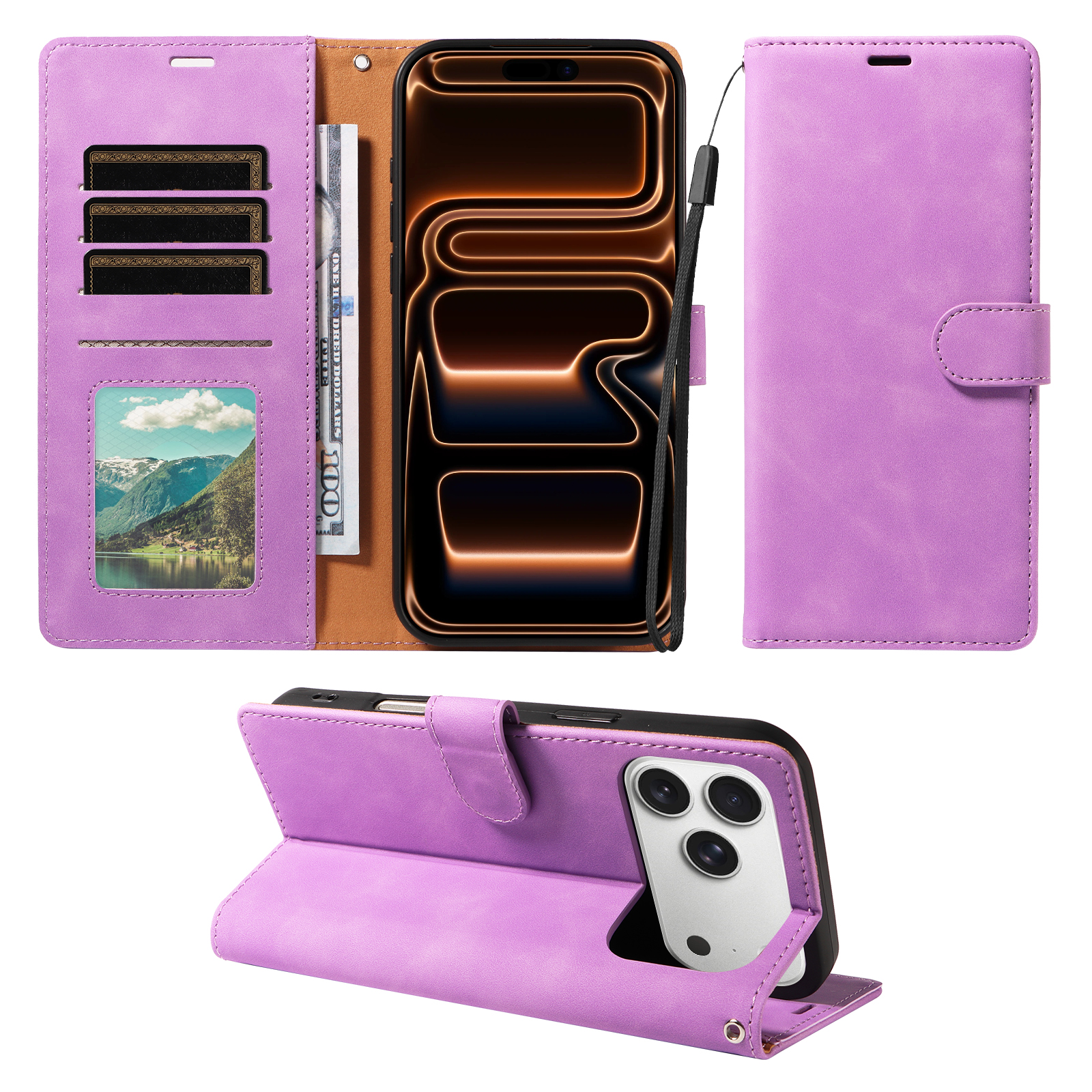 Purple wallet case with card storage, cash pocket, wrist strap and viewing stand