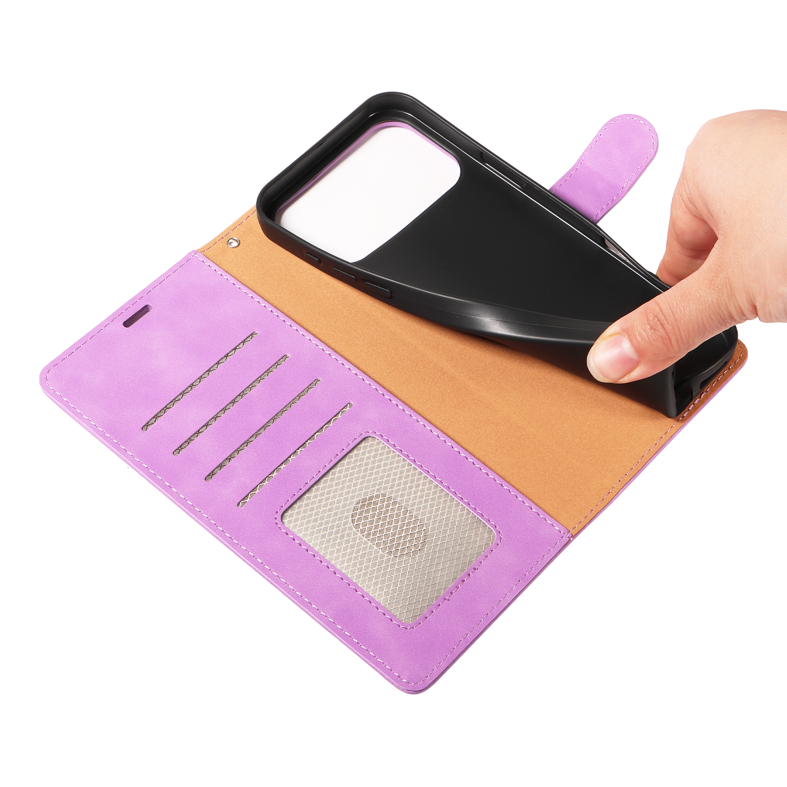 Flexible inner phone shell being removed from the purple folio cover