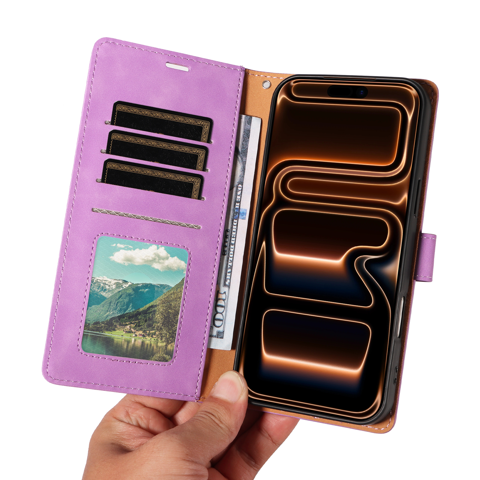Purple wallet case held open to show its card slots and cash pocket