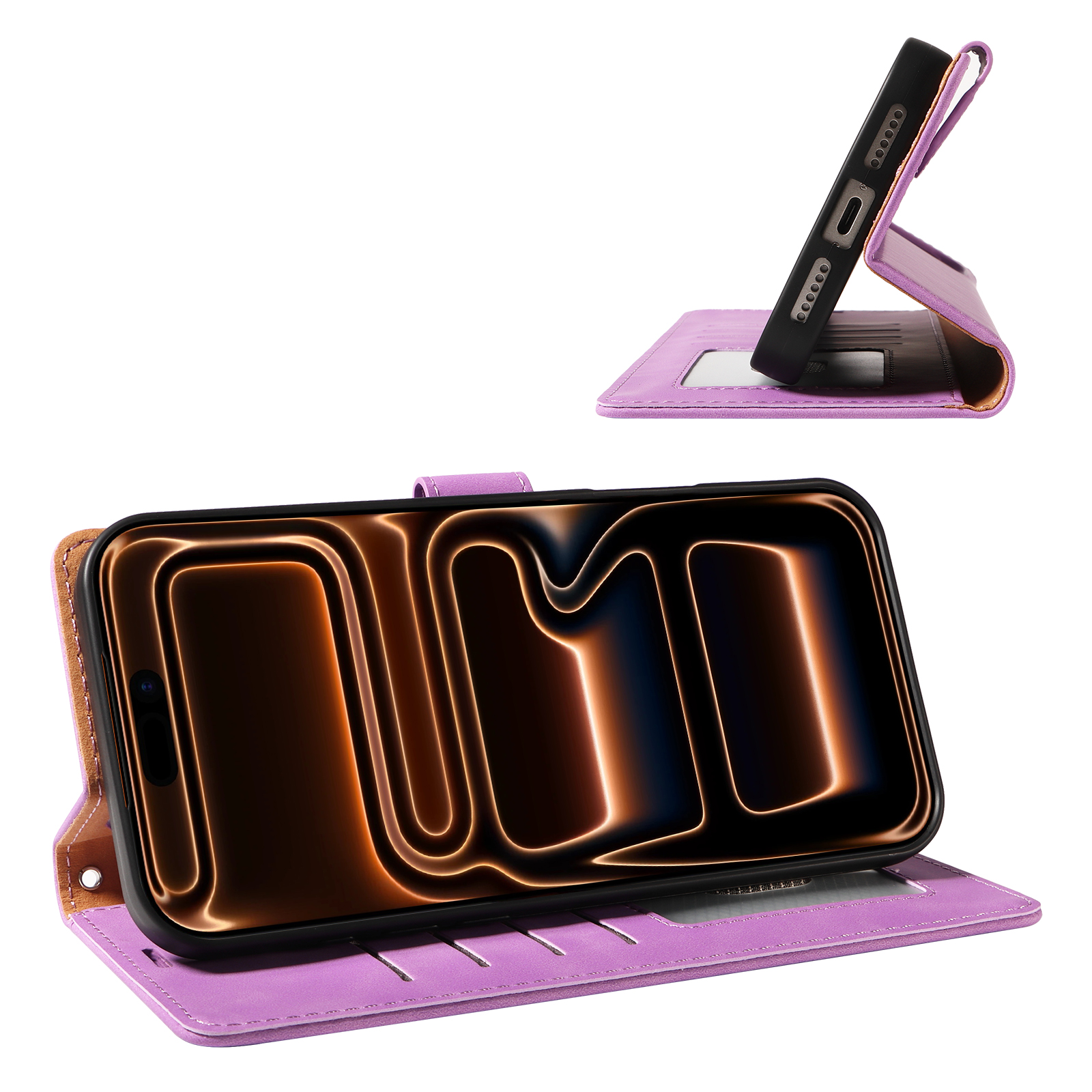 Purple folio case supporting a phone in landscape orientation